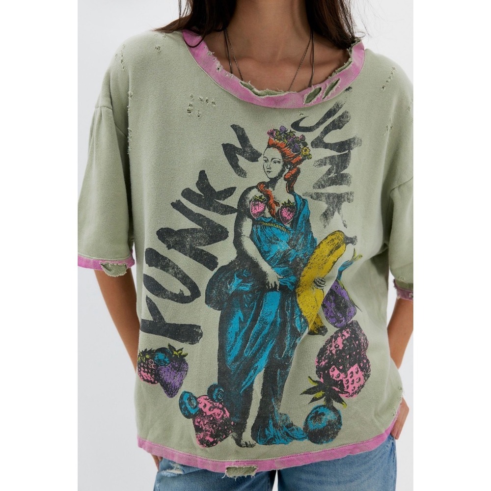 Magnolia Pearl Funk N Junk Grey Short Sleeve Cropped Sweatshirt Distressed NWT